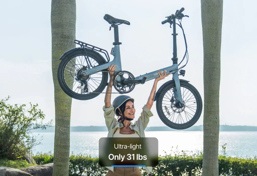 woman holding a Urtopia e-bike